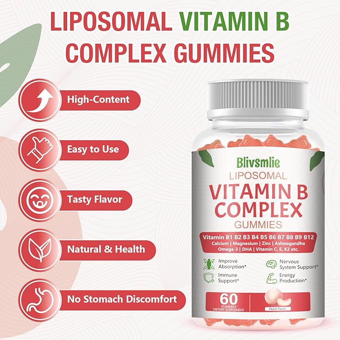 2 Pack 33-in-1 Liposomal Vitamin B Complex Gummies -B1, B2, B3, B4, B5, B6, B7, B8, B9,B12 | Vitamin C, D3,K2|Calcium,Magnesiun,Zinc etc.for Energy, Brain,Immune,Skin Support &Heart Support