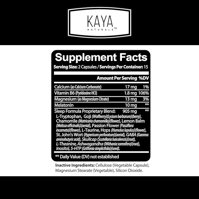 Kaya Naturals - Sleep Support Formula with Melatonin - Aid Support Vitamin Supplement - Sleep Stress and Mood Support - L-Tryptophan, Passion Flower, Ashwagandha and More (30 Count)