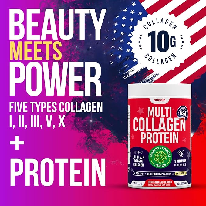 Multi Collagen Peptides w/Prebiotic + Probiotics + Type I, II, III, V, X + Hydrolyzed Collagen Powder w/Vitamin C+D3+B7+K2+E Hyaluronic Acid, Supports Skin Hair Nail Joint, Grass-Fed, Non-GMO (2)