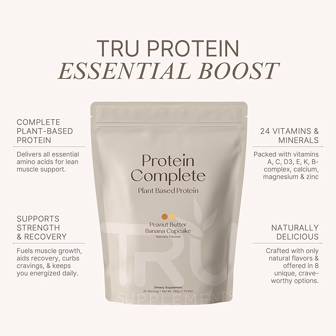 TRU Plant Based Protein Powder, BCAA, EAA, 20g Vegan Brown Rice & Pea Protein, 100 Calories, 27 Vitamins, No Artificial Flavors 25 Servings (Peanut Butter Banana Cupcake)