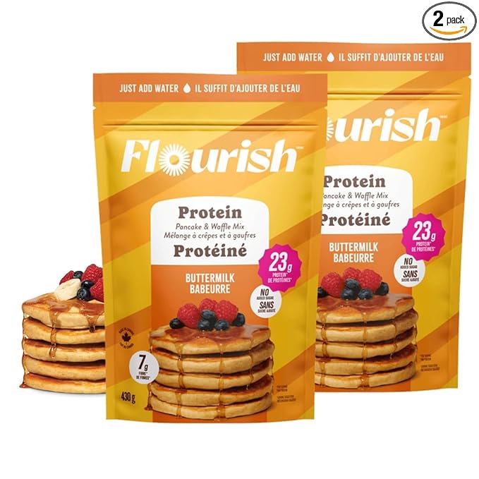 Flourish Protein Pancake & Waffle Mix, with Whey Protein & Flax Seed, No Added Sugar, High in Protein & Fiber - Just Add Water - Buttermilk Flavour, 16 oz (2 Pack)