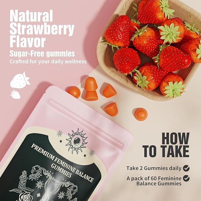 Feminine Balance Gummies, Premium Balance Supplement for Women PH Health, Immune Support, Energy Support, Vegan, Gluten-Free, Strawberry Flavor, Delicious 60 Gummies, 1 Pack 30 Servings
