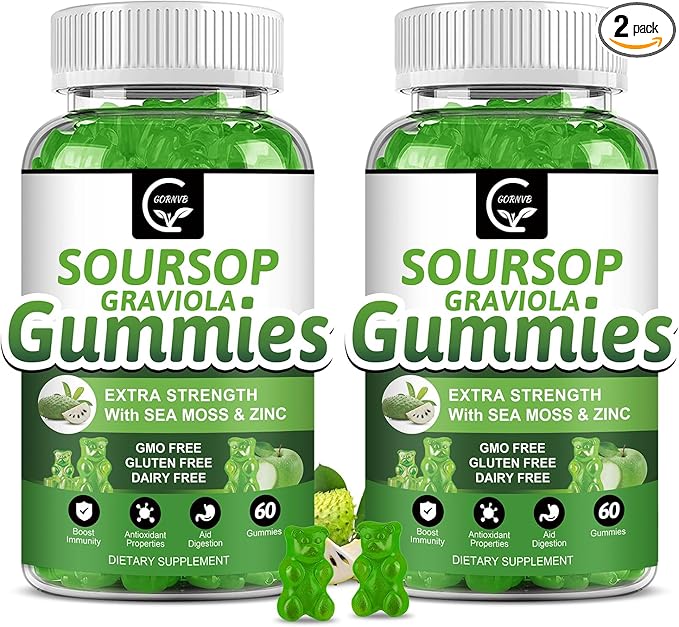 (2 Pack) Soursop Graviola Gummies - 2200mg Extra Strength Soursop Leaves Extract w/Sea Moss Extract 200mg, Zinc & Vitamin C - Supports Immunity, Liver & Digestive, Gluten Free, Vegan, 120 Gummies