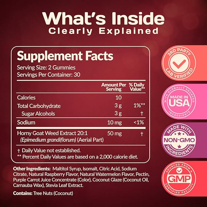 Libido Support for Women Intimacy Gummies - Fast Acting HornyGoatWeed for Women Extract - Gluten Free, Vegan & Non-GMO - Raspberry Watermelon Flavor - Spicy Gummies for Couples - 60 Gummies