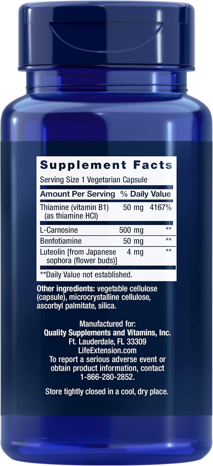 Life Extension Super Carnosine, L-carnosine, Luteolin, Vitamin B1, Muscle Support, Exercise Recovery, Heart Health, Gluten-Free, Non-GMO, Vegetarian, 60 Capsules