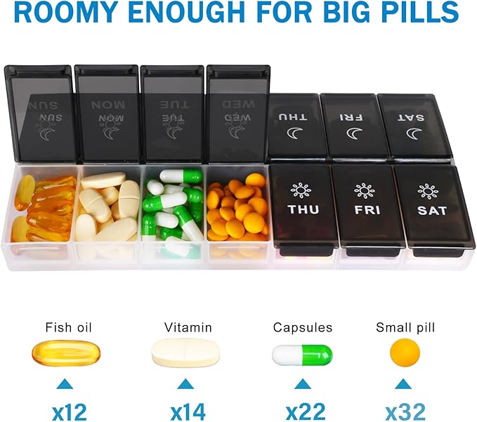 Mossime XL Large Daily Pill Organizer 2 Times a Day, Extra 7 Day Pill Box Am Pm, Weekly Day Night Vitamin Holder, Medicine Organizer, Big Pill Container, Medication Dispenser 14 Compartments