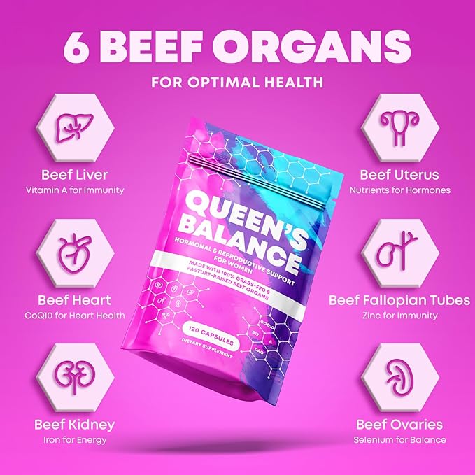 Beef Organ Supplement for Women - Formula of 6 Grass Fed Beef Organs - Liver, Heart, Kidney, Uterus, Ovaries - Supports Womens Hormone Balance, Energy, Health - Female Supplements, 120 Capsules