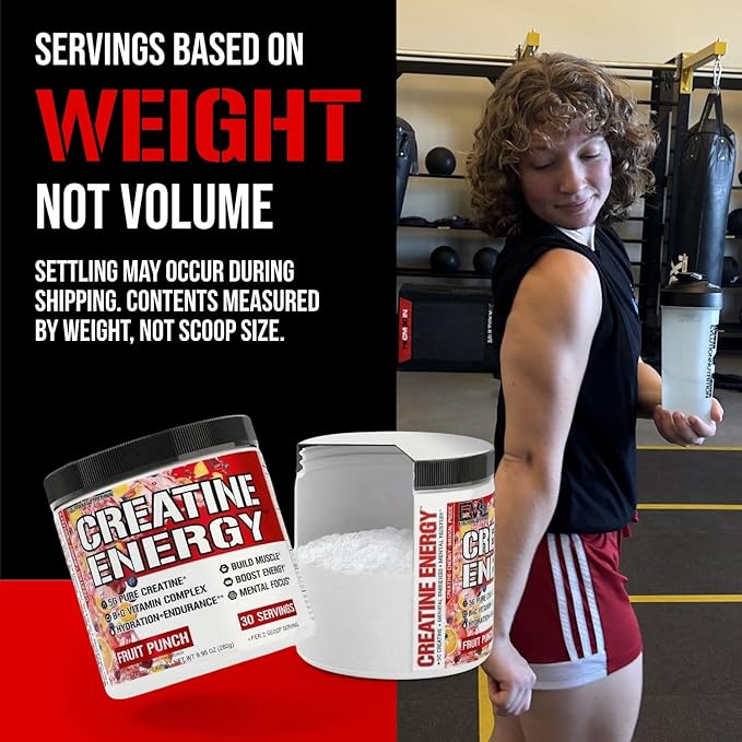 Evlution Nutrition Creatine Energy - Supports Muscle Growth, Boosts Energy, Endurance & Cognition - 5g Pure Creatine Monohydrate Per Serving - B + C Vitamin Complex - 30 Servings - Fruit Punch