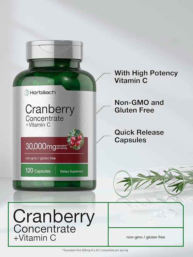 Horbäach Cranberry Concentrate Extract Pills + Vitamin C | 120 Capsules | Supplement for Women and Men | Triple Strength Ultimate Potency Formula | Non-GMO and Gluten Free