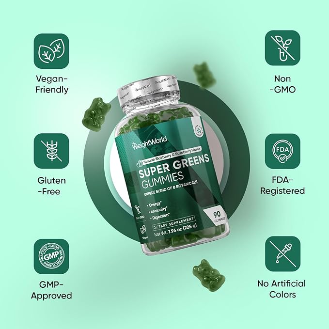 WeightWorld Super Greens Gummies - Energy, Immunity & Digestion - 45-Day Supply - Vegan Daily Greens Supplements (Moringa, Broccoli, Spinach) - Added Vitamins & Minerals - 90 Superfood Gummies