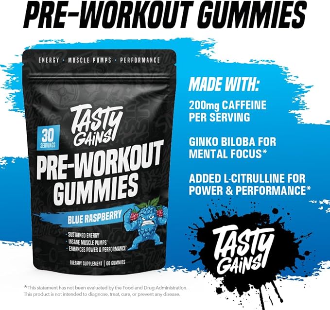 TASTY GAINS - Pre-Workout Gummies – Energy & Focus Boost, Caffeine Gummies for Men & Women, 200mg of Caffeine, Fat-Burning Preworkout for Strength & Endurance (60, Pineapple Mango)