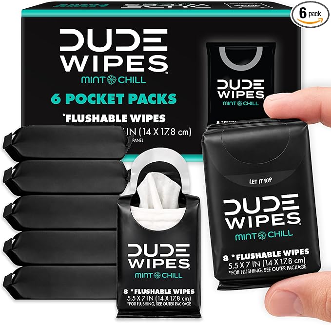 DUDE Wipes Mint Chill Pocket Packs - Travel Wipes - 6 Packs of 8 (48 Count) - On-The-Go Adult Flushable Wipes - Infused with Tea Tree Oil, Vitamin E, and Aloe - Septic and Sewer Safe