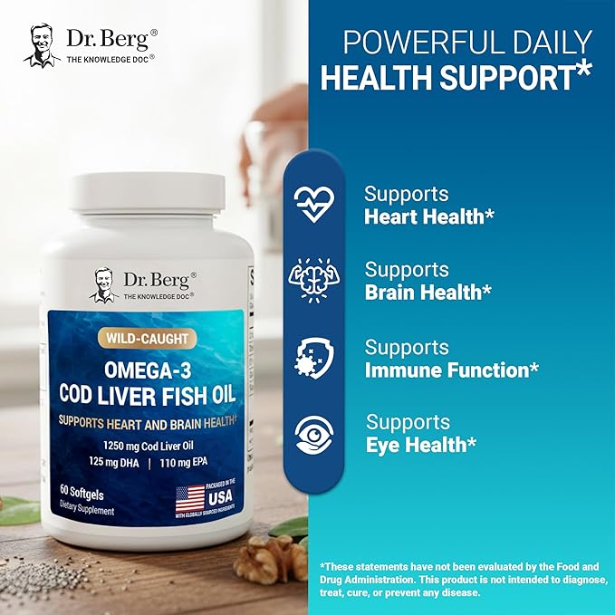 Dr. Berg Omega-3 Cod Liver Fish Oil 60 Softgels – Wild-Caught Icelandic Cod – Omega 3 EPA & DHA – Heart, Brain, Immune & Eye Support* – Lemon Flavor – 4X Lab-Tested – Non-GMO, No Fillers