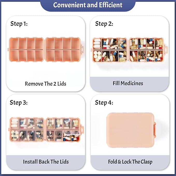 Foldable Weekly Pill Organizer 2 Times a Day with 2 Extra Compartments (Clear Printed Labels) - Portable 7 Day AM PM Medicine Box, Week Daily Travel Pill Case Holder for Vitamin, Supplement - Pink