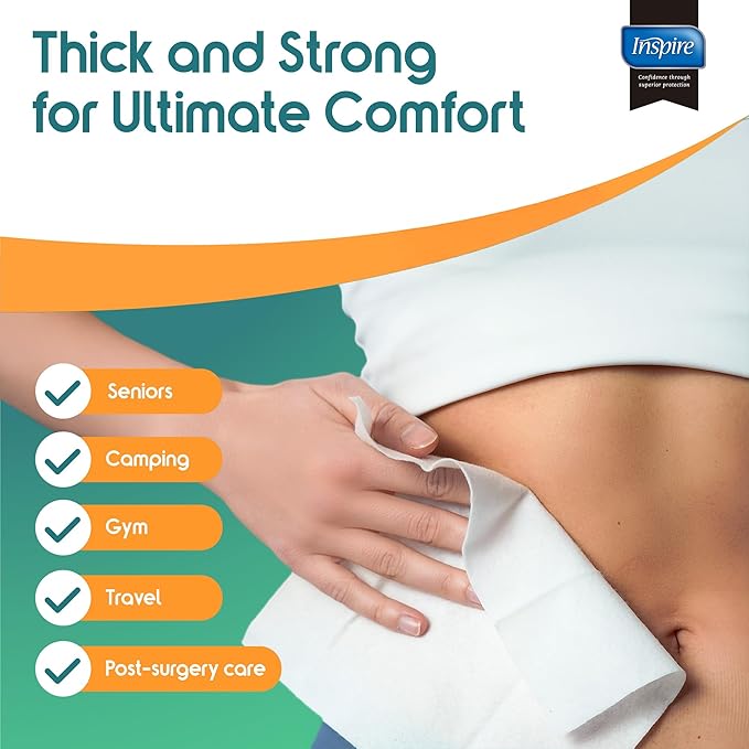 Inspire Ultra Thick Rinse-Free Bath Towels | Shower Towels - Flush-Free Wet Wipes with Aloe | Thick Strong Extra Large Towel for Adults | Body Wipes for Adults Bathing