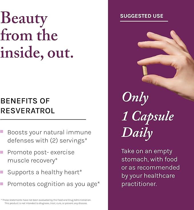 Reserveage Beauty, Resveratrol 500 mg with Pterostilbene, Antioxidant Supplement for Immune Support & Heart Health, Supports Healthy Aging, Paleo, Keto, 60 Capsules (60 Servings)