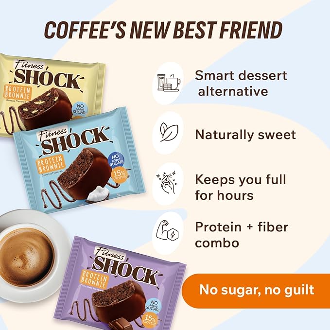 Fitness SHOCK Protein Brownie Variety Pack - No Added Sugar, 7.5g Protein, Low Carb Guilt-Free Dessert - Chocolate, Coconut, Banana - 0g Added Sugar, 10g Net Carbs, 5g Fiber - 10 x 50g