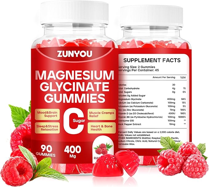 Magnesium Glycinate Gummies 400mg, Sugar Free Magnesium Gummies for Sleep, Muscle Support and Relaxation, Calm Magnesium Supplements for Women and Men, 90 Count