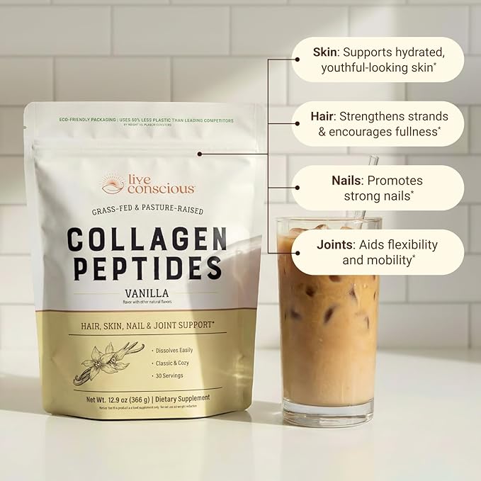 Live Conscious Collagen Peptides Powder - Vanilla Flavored Collagen Powder - Hair, Skin, Nail, & Joint Support - Type I & III Grass-Fed Collagen Supplements for Women and Men - 30 Servings - 13oz