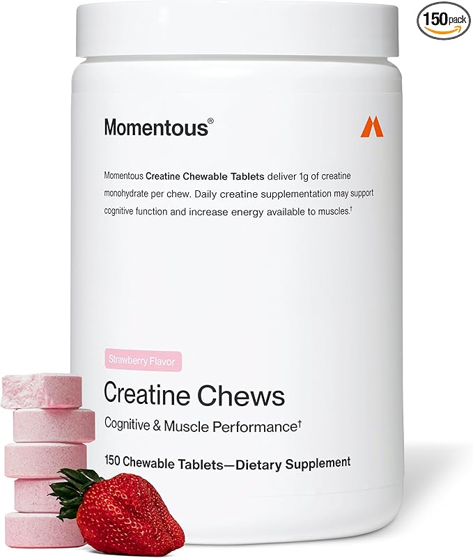 Momentous Creatine Chews - Creatine Monohydrate - Supports Strength, Lean Muscle, & Recovery for Men & Women - NSF Certified for Sport - 150 Chewable Tablets - Strawberry