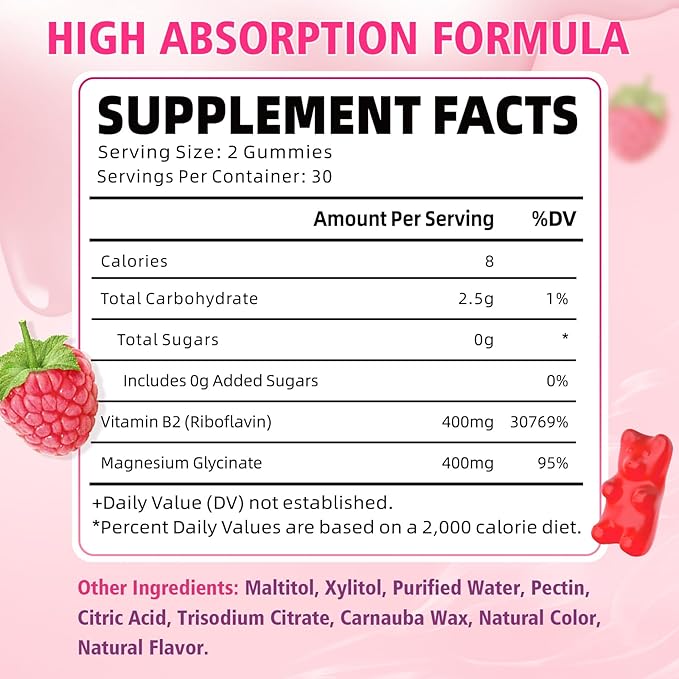 Pack of Vitamin B2 Gummies 400mg | Riboflavin Supplement with Magnesium for Kids & Adults, B2 Gummies for Migraine Relief, Nervous System & Skin Health, Vegan, Sugar-Free, Raspberry Flavor, 120 Count