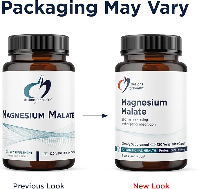 Designs for Health Magnesium Malate - Chelated Magnesium as Di Magnesium Malate - Highly Bioavailable Form to Support Energy, Bone Health + Muscle Recovery (120 Magnesium Malate Capsules)