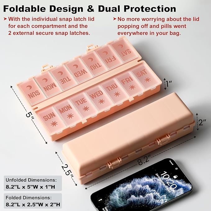 Foldable Pill Organizer 2 Times a Day w/Etched Labels -Dual Protection & Portable Weekly AM PM Pill Box, 7 Day Medicine Container, Large Travel Pill Case for Week Daily Supplement Vitamin - Pink