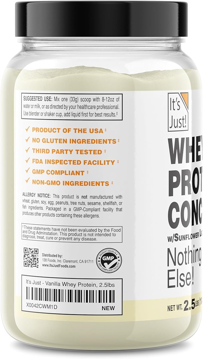 It's Just! - 100% Whey Protein Concentrate, Made in USA, Premium WPC-80, Natural Vanilla Flavor (2.5 Pound, Vanilla)