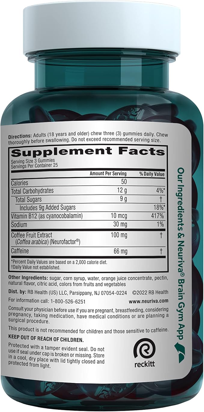 NEURIVA Brain + Energy Gummies, Nootropic Brain Supplements for Focus and Concentration with Neurofactor, Vitamin B12 & Caffeine for an Energy Boost*, 75ct Natural BlackBerry, (Pack of 2)