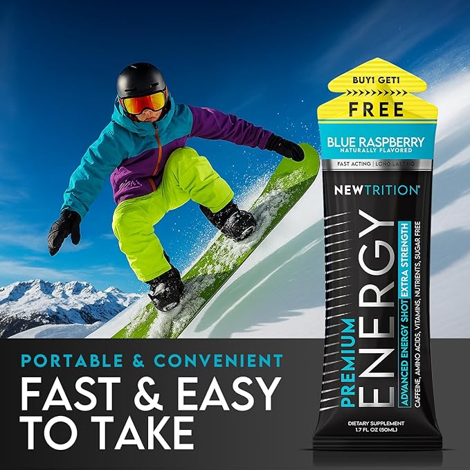 NewTrition® Extra Strength Energy Shots, 1.7 fl oz - 250mg Caffeine with Vitamin B & Amino Acids, Sugar-Free, Zero Calorie Vitamin Energy Drink for Focus & Endurance (Pack of 6, Blue Raspberry)