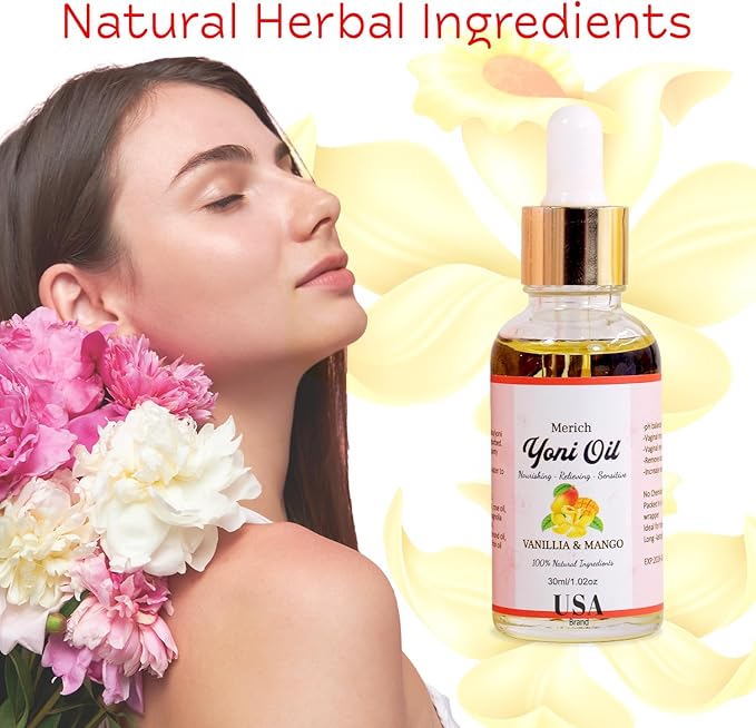 MERICH Natural Yoni Oil for Women | pH Balancing Vaginal Detox Oil, Vanilla & Mango | Rejuvenating Formula for Dark Spots & Ingrown Hair | Odor Eliminator & Gentle Cleansing Feminine Care | 1 oz