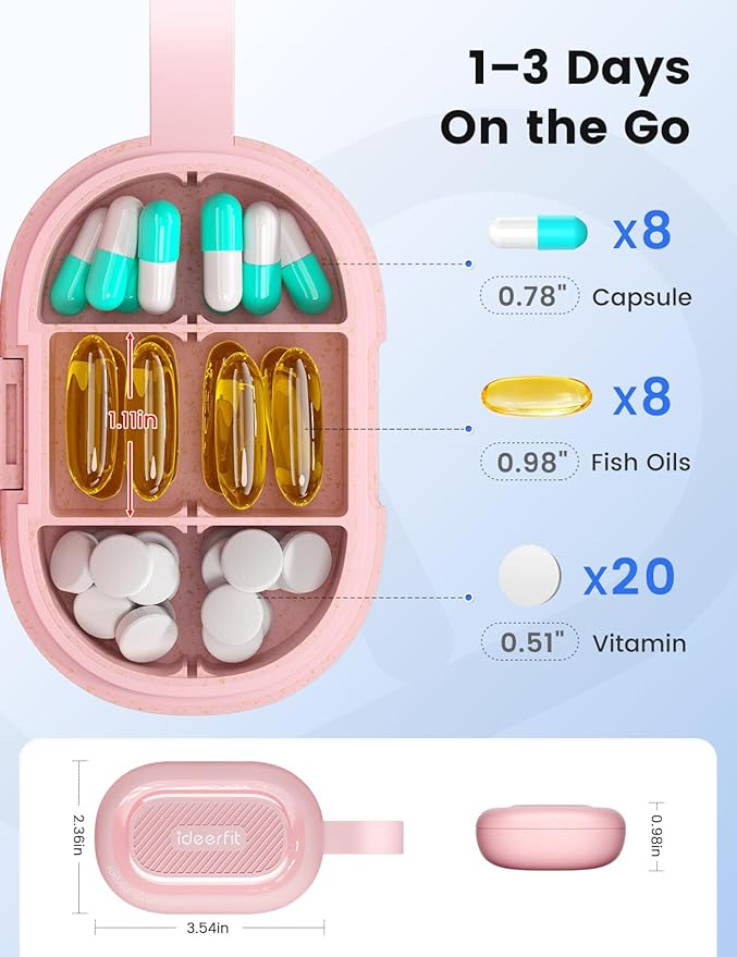 Travel Pill Organizer, Adjustable 3-6 Compartments Portable Pill Box, Small Pill Case Daily Medicine Container, Moisture Proof Storage Hold Vitamin Supplement Dispenser for Pocket Purse-Green