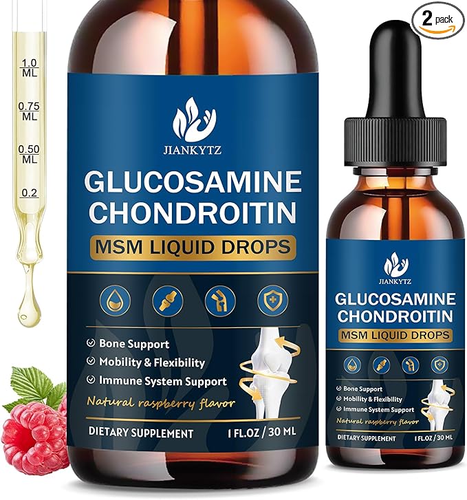 (2 Pack) Glucosamine Chondroitin MSM Liquid Drops, High Absorption, Antioxidant, Immune, Bone Support, MSM Supplement for Men & Women, Vegan, Sugar-Free, Raspberry Flavor, 1 Fl Oz