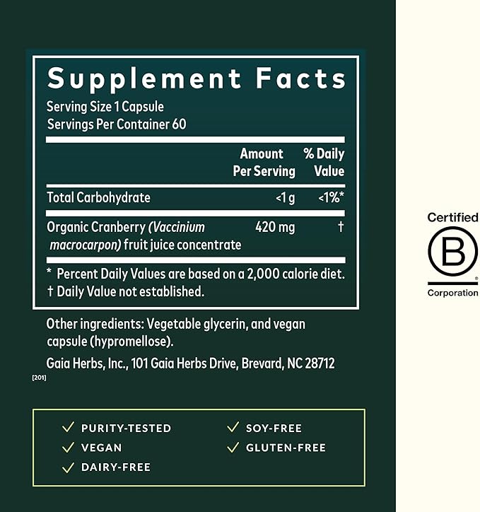 Gaia Herbs Cranberry Concentrate - Traditionally for Helping to Maintain Urinary Tract Health* - Made with Cranberry Fruit Juice Extract - 60 Vegan Liquid Phyto-Caps (60 Servings)