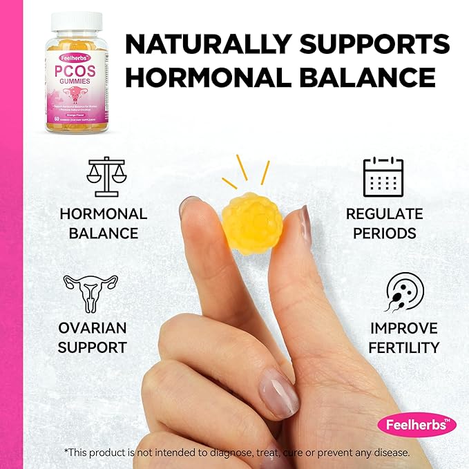 PCOS Gummies Vitamins for Menstrual Cycle & Ovulation & Fertility, Pack of 2, 60 Count Orange Flavor Hormonal Balance Vitamins Help Getting Pregnant with PCOS, Easy to Chew