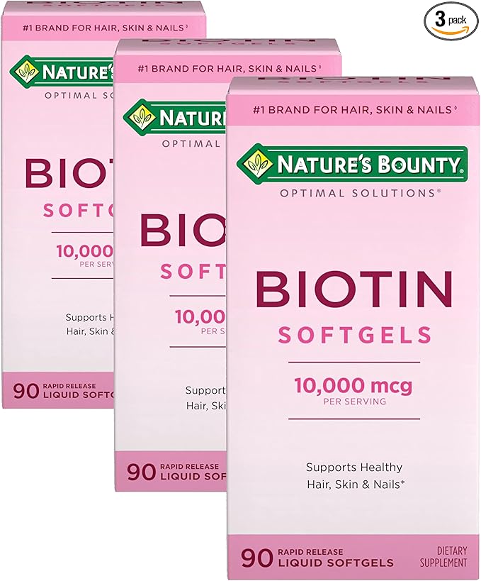 Nature's Bounty Biotin 10000mcg Supplement, Supports Healthy Hair, Skin and Nails, Optimal Solutions Hair Vitamin with Biotin Rapid Release Liquid, 90 Softgels (Pack of 3)