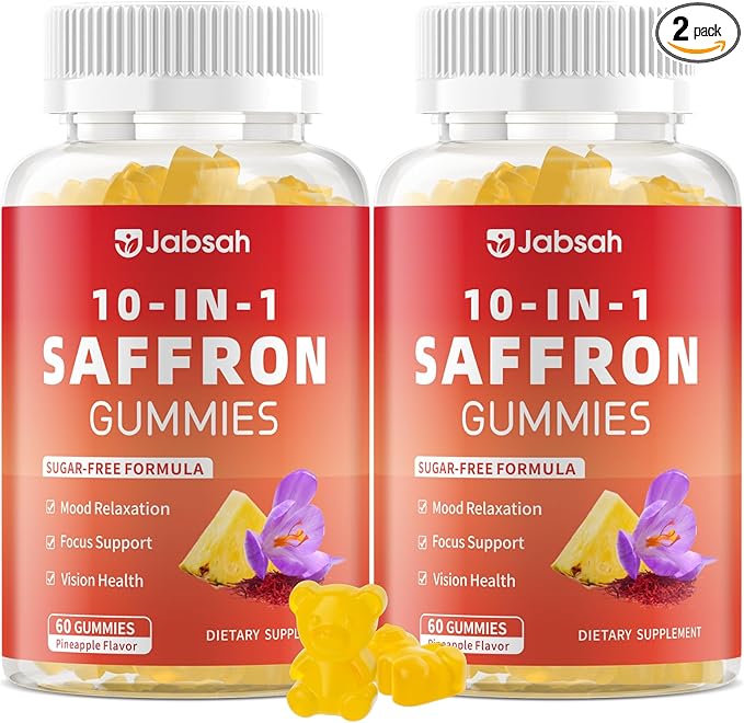 Saffron Gummies for Adult Kids, 10-IN-1 Saffron Supplements with Saffron Extract 88.5 mg, Vitamin D3, B6, B12, L-Theanine, St. John's Wort, Ashwagandha for Mood, Focus, Calm, Melatonin-Free, 120 Count