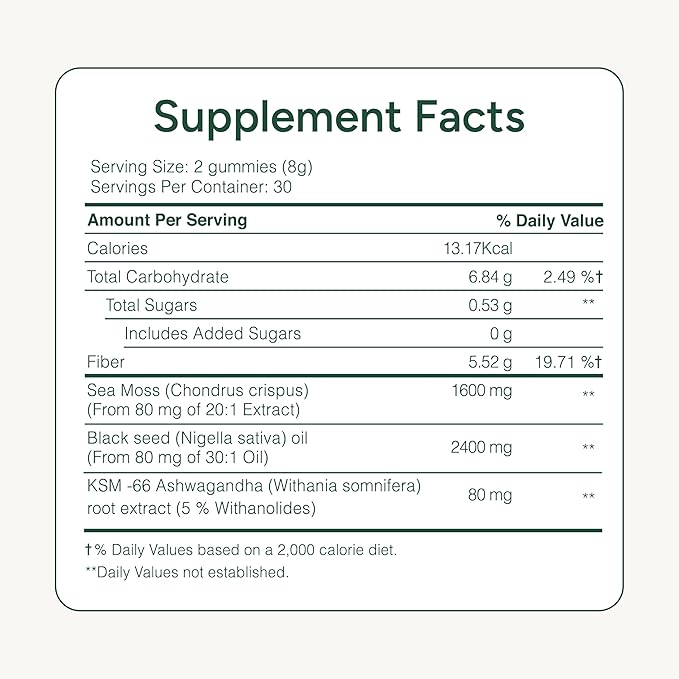 ROOT LABS Sea Moss Gummies I 92+ Minerals I Black Seed Oil I KSM 66 Ashwagandha I Lab Tested I No Added Sugar | for Men, Women I Non-GMO I 100% Natural & Organic I 1600 mg I 60 Gummy