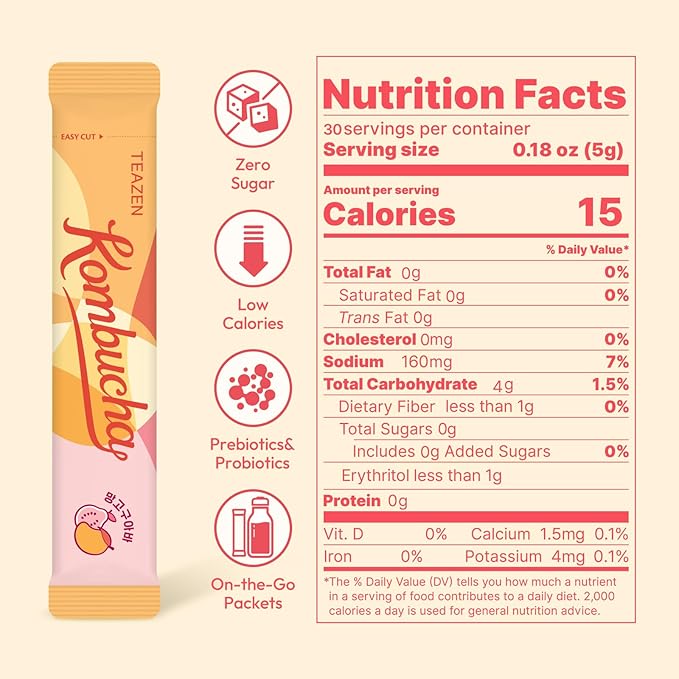 TEAZEN Mango Guava Kombucha Tea, Hydration Drink Mix, Sugar Free, Live Probiotics & Prebiotics, 30 Sticks, 5.29oz