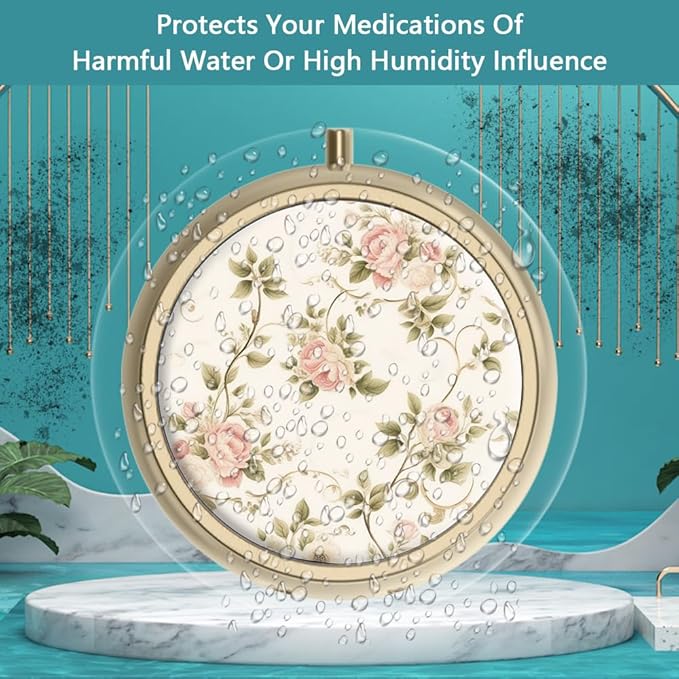 Pill Case Pill Box with Mirror Retro 3 Compartment Small Pill Case for Purse or Pocket Bronze Small Roud Pill Box or Vitamins, Fish Oil, Supplements, Pill Containe Travel Gifts（Vintage Floral）