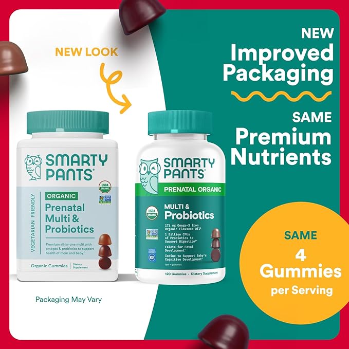 SmartyPants Organic Prenatal Vitamins for Women, Multivitamin: Probiotics, Biotin, Methylfolate, Omega3(ALA), VitaminD3,C, VitaminB12, B6, A, K2 & Zinc,Choline, (30 Day Supply), 120 Count (Pack of 2)