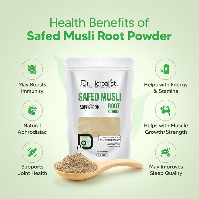 Dr. HERBALIST | 100% Natural Safed Musli Powder 200g (7.05 oz) | Premium Quality for Traditional Use, DIY, Herbal Blends & Wellness Rituals