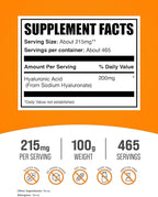 BulkSupplements.com Hyaluronic Acid Powder - as Sodium Hyaluronate, Hyaluronic Acid Supplements - Food Grade, Gluten Free - 215mg per Serving, 100g (3.5 oz) (Pack of 1)