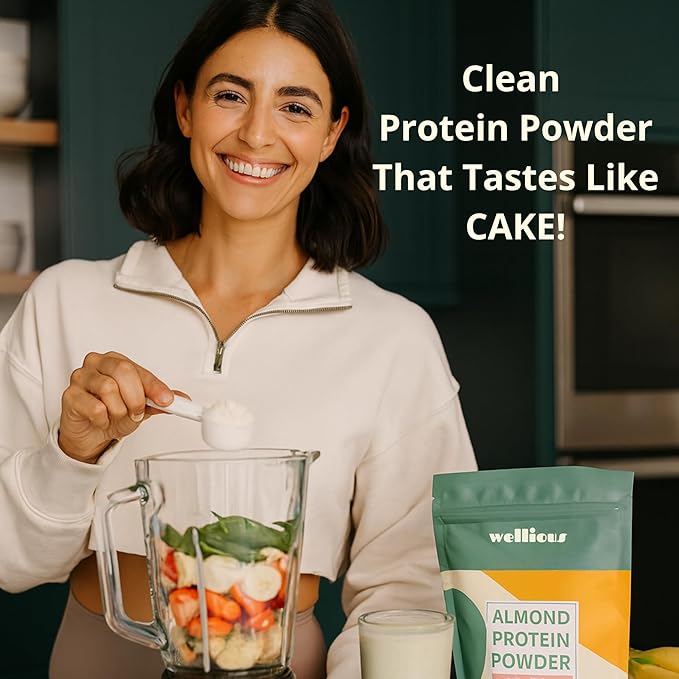 wellious Almond Protein Powder (Unflavored, Unsweetened) - 18 Grams of Pure Healthiest Vegan Protein for Women & Men | Soy-Free & Gut Friendly Protein Powder for Sports Nutrition