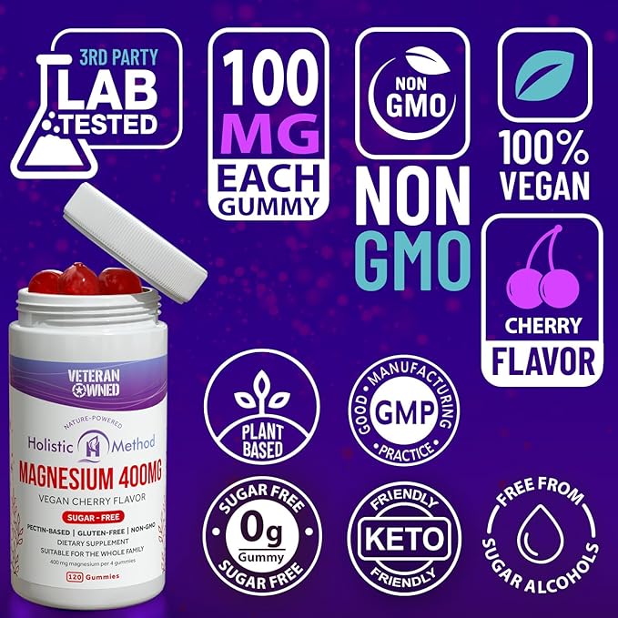 Magnesium Citrate Gummies for Kids & Adults - Sugar-Free, Vegan and Non-GMO for Better Sleep and Relaxation - Cherry Flavor with No Sugar Alcohol - 120 Count