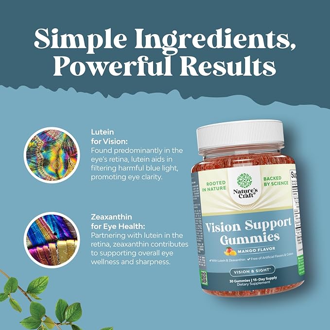 Vision Support Gummies for Adults - Lutein and Zeaxanthin Supplements for Eye Health - Potent Lutein Eye Vitamins for Blue Light Protection Dryness Strain Support & Visual Sharpness - 30 Count