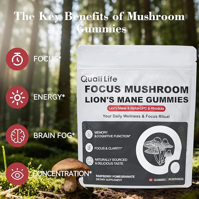 Mushroom Gummies with Lion’s Mane - Alpha Brain Gummy for Focus & Memory - Nootropic Focus Gummies with Rhodiola & Alpha-GPC – Vegan Brain Supplement, Raspberry Pomegranate Flavor, 60 Count (1)