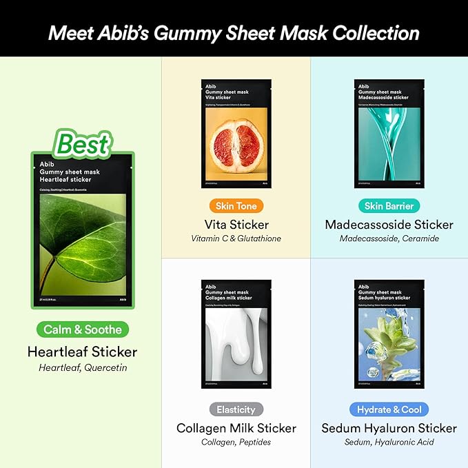 Abib Gummy Sheet Mask Heartleaf Sticker 10 Sheets (Soothing) I Korean Face Mask for Sensitive Skin, Soothing & Redness Relief, Daily Skincare Treatment, K-Beauty Sheet Mask