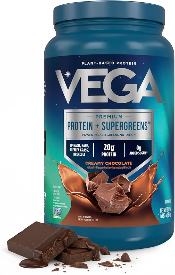 Vega Protein + Supergreens - 20g Plant-Based Protein, Chocolate, 25 Servings, Real Greens & Veggies, Vegan Keto, 0g Added Sugar, Non-GMO, Gluten Free, Dairy Free, 1.8lbs (Packaging May Vary)