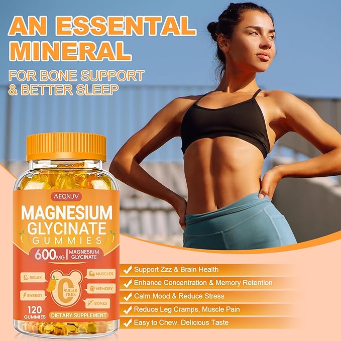 Magnesium Glycinate Gummies 600mg, Chewable Sugar Free Potassium Gummies with Magnesium Glycinate, Vitamin D, B6 and CoQ10 for Stress Relief, Body Support & Muscle, 2 Pack